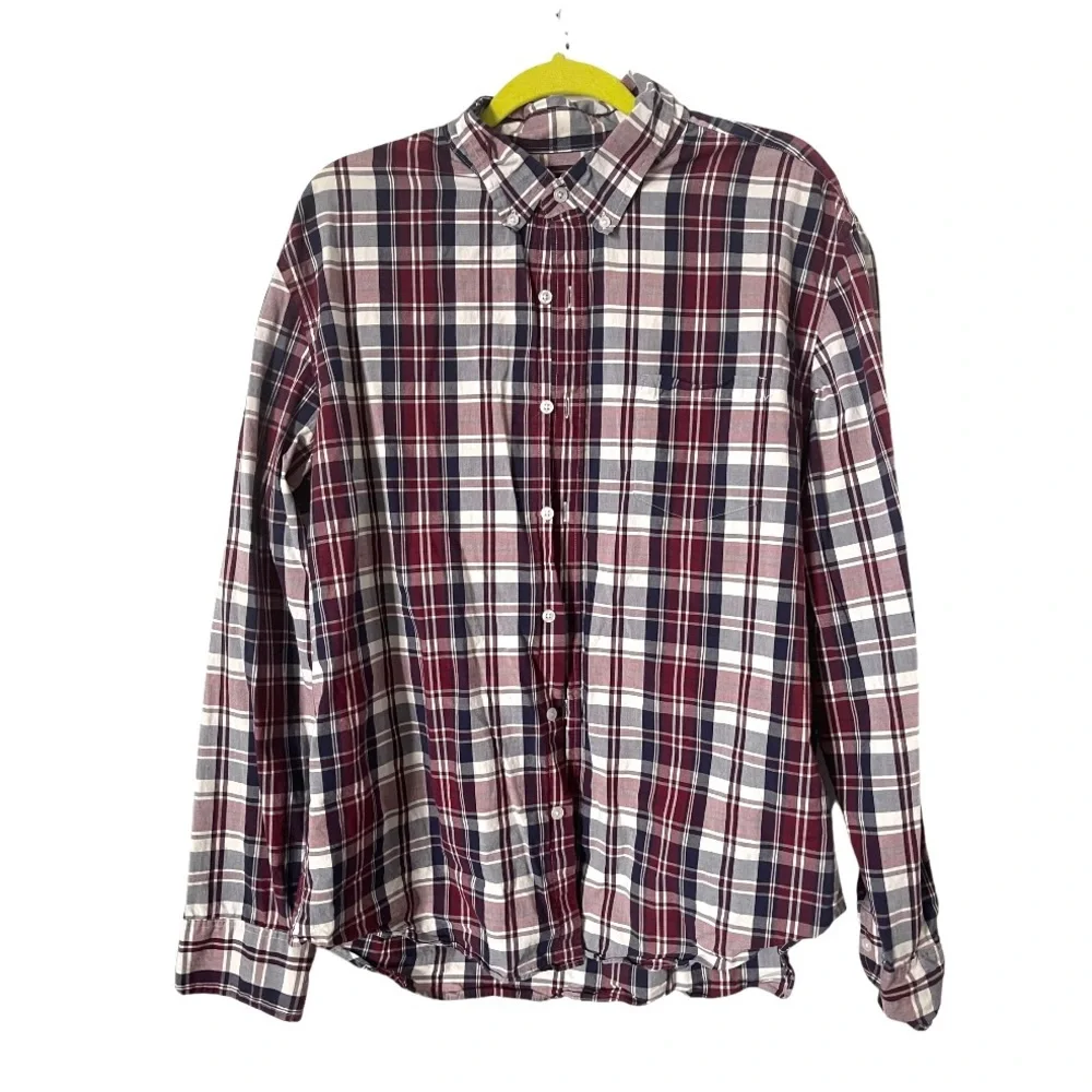 J. Crew Mercantile Plaid Cotton Button Down Shirt Maroon/ Blue / White‎